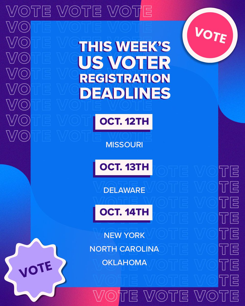 Tinder's tweet photo. #VotingIsHot🔥 so don't forget to register and check out this week's voter registration deadlines. Check all requirements for your state at https://t.co/H4VehZ9dB8! https://t.co/v5PIg9n4fr