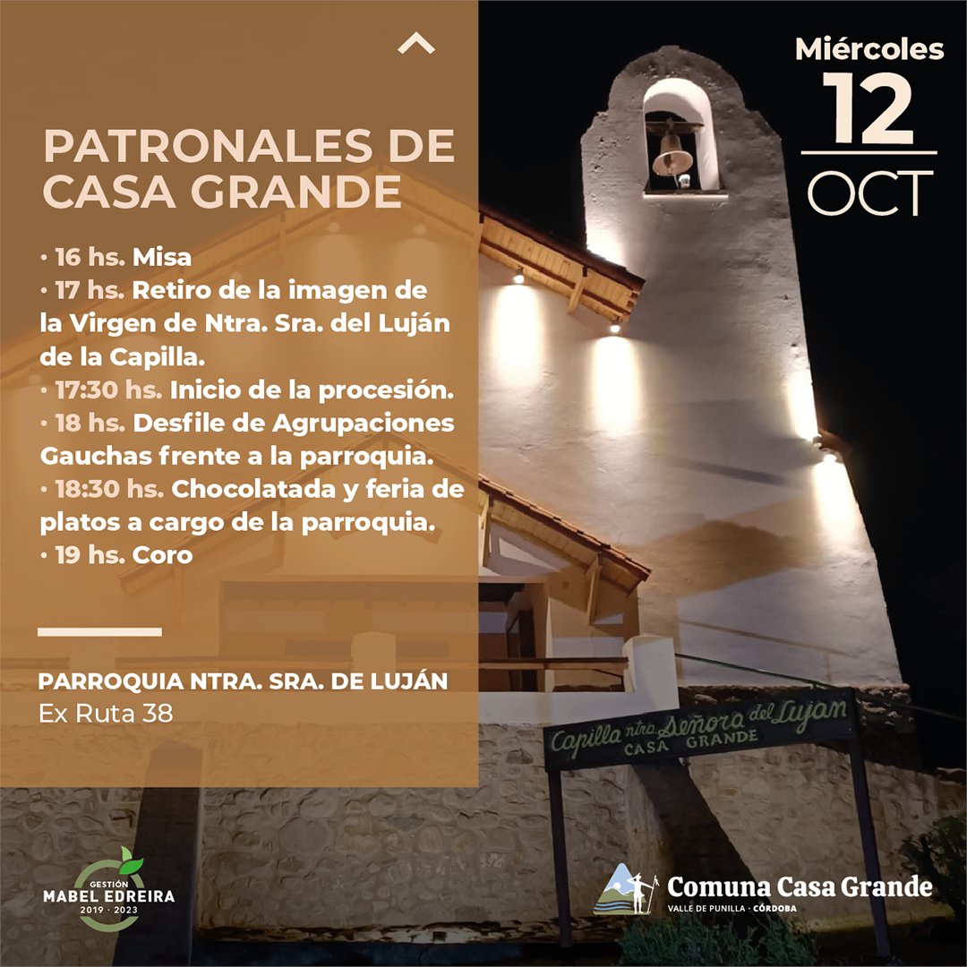 CasaGrandeComun's tweet photo. ⛪ Patronales de Casa Grande
Como cada año, los invitamos a sumarse a la celebración este 📆 miércoles 12 de octubre a partir de las 16 hs. Misa, desfile de agrupaciones gauchas, chocolatada y coro.
📍En la Parroquia Nuestra Señora de Luján
Ex Ruta 38 https://t.co/iKoQz2jnR5