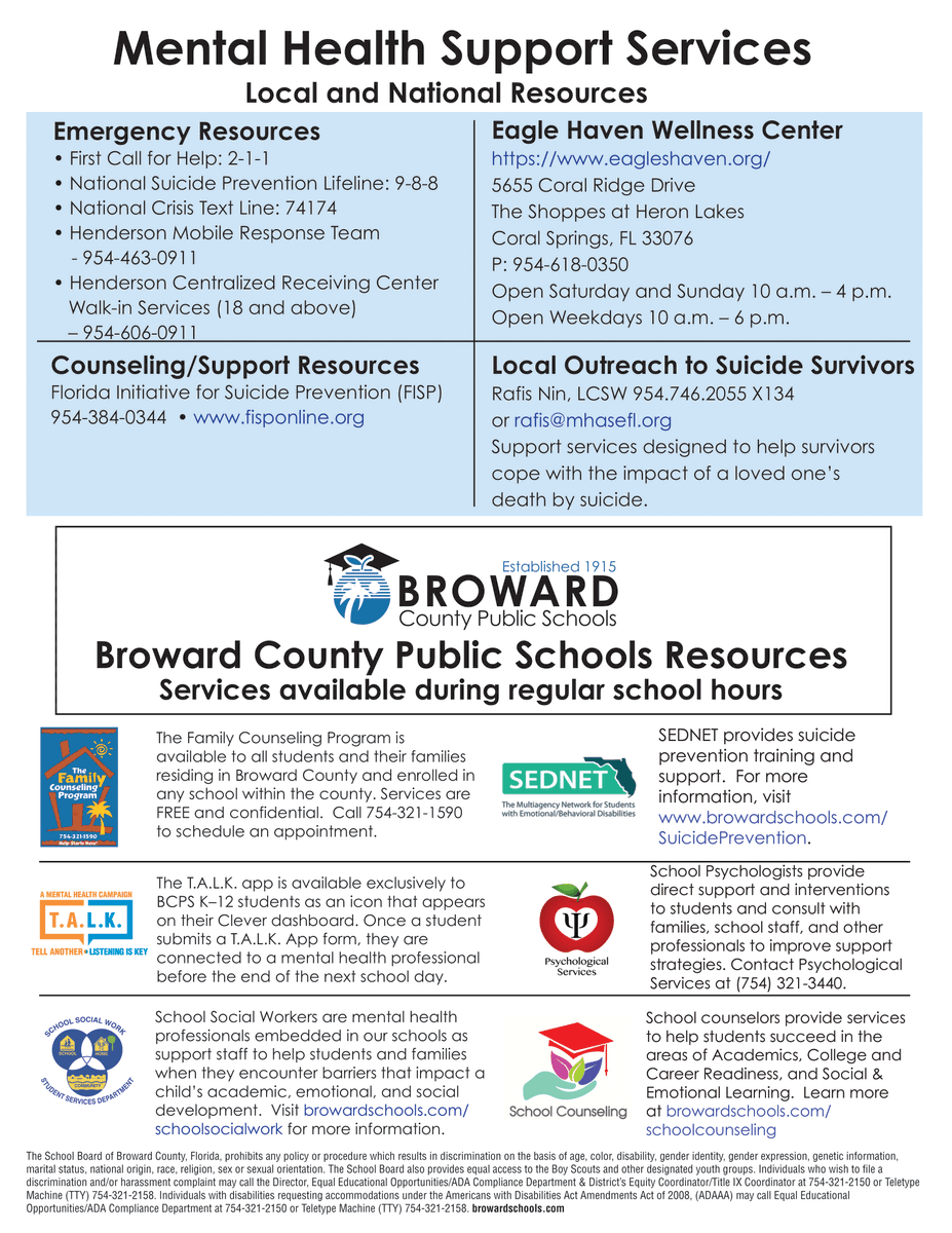 browardschools's tweet photo. .@browardschools has created a list of local, national and District mental health resources and services, and important information available to support students and families struggling with issues such as depression and thoughts of suicide. https://t.co/6iPCt3TtL3