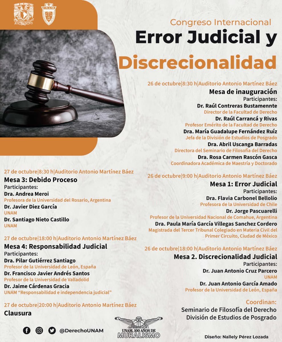 #FilosofiaDelDerecho Ahonda sobre el tema “Error Judicial y Discrecionalidad” en nuestro próximo Congreso Internacional. 📅 26 y 27 de octubre 🕐 8:30 h - 21:00 h 🏛️ Auditorio Antonio Martínez Báez