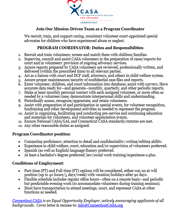 We're #hiring! 
This is an opportunity to play a key role in the early growth of this #NewHaven #CT affiliate of <a href="/NationalCASAGAL/">National CASA/GAL Association for Children</a>.
Apply following the instructions in the attached image, or at <a href="/LinkedIn/">LinkedIn</a> here:
linkedin.com/hiring/jobs/33…
Join the #CASA movement to #ChangeAChildsStory!