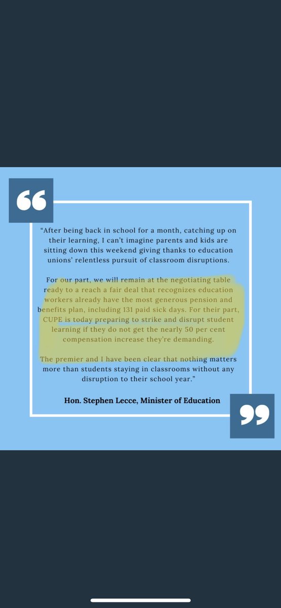 ⁦⁦⁩⁦<a href="/Sflecce/">Stephen Lecce</a>⁩ make sure you check your facts before posting something like this on a public forum. The workers currently bargaining don’t have 131 paid sick days, generous pensions and benefits. They are some of the lowest paid school employees and deserve better!