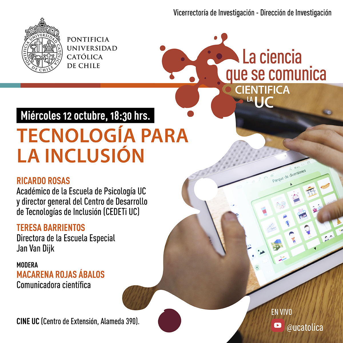 🧑‍💻🪜🤝 El miércoles 12, a las 18:30, emitiremos el segundo capítulo de la serie "La ciencia que se comunica", en el <a href="/cineuc/">Sala CineUC</a>. 
"Tecnologías para la inclusión", sobre el trabajo de <a href="/CEDETi_UC/">CEDETi UC</a>, encabezado por su director general Ricardo Rosas, académico de <a href="/Psicologia_UC/">Psicología UC</a>.
¡Gratuito!