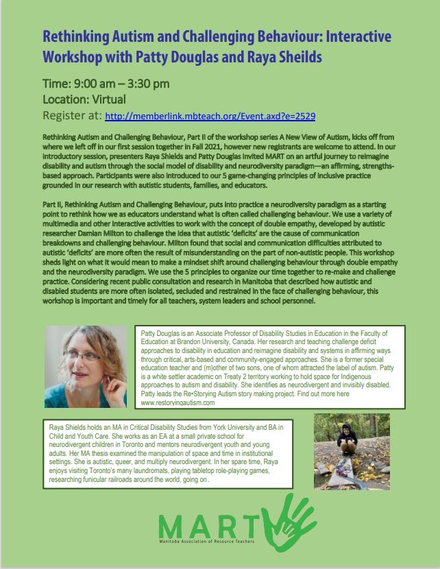 MART_Inclusion's tweet photo. MART is excited to host two separate #MTSPDDAY sessions. To register for 'Rethinking Autism and Challenging Behaviour' presented by Patty Douglas and Raya Sheilds, please see the poster and link below https://t.co/Wn7OWTIKhr