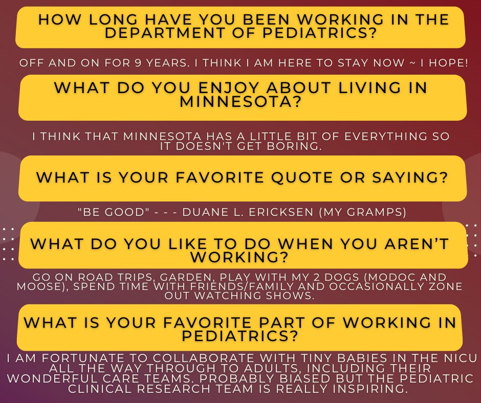 Today we are featuring our Pediatric Clinical Research Nurse Manager Jensina Ericksen,RN,BSN,CCRP. 
#featurefriday #umnpeds #umnproud