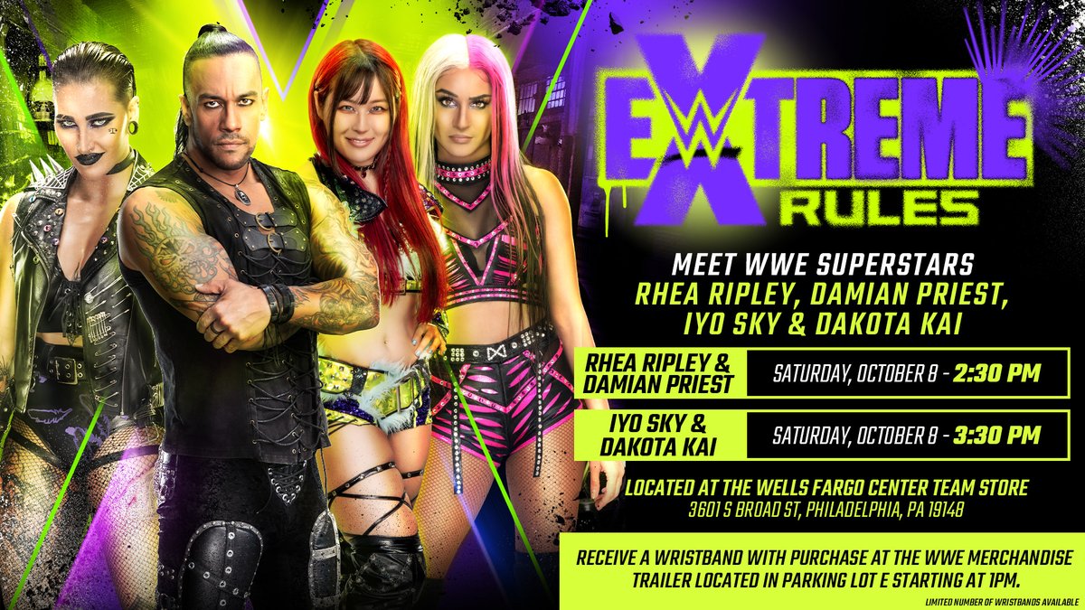 Meet WWE Superstars tomorrow at @WellsFargoCtr in Philadelphia! Receive wristband for entry with purchase at the WWE Merchandise Trailer in Parking Lot E starting at 1pm. #ExtremeRules