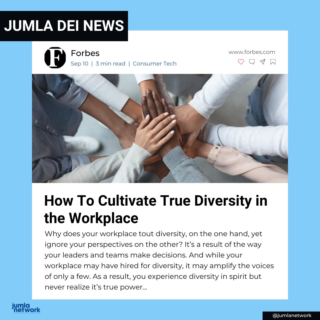 JumlaNetwork's tweet photo. Jumla DEI News: Let's talk about recent updates in the world of Diversity, Equity &amp; Inclusion. This recent Forbes article discusses what it means to truly cultivate diversity in the workplace. https://t.co/w3dJJuqJ46

#inclusion #diversity #equity #workplaceculture https://t.co/7KRG1lErwN