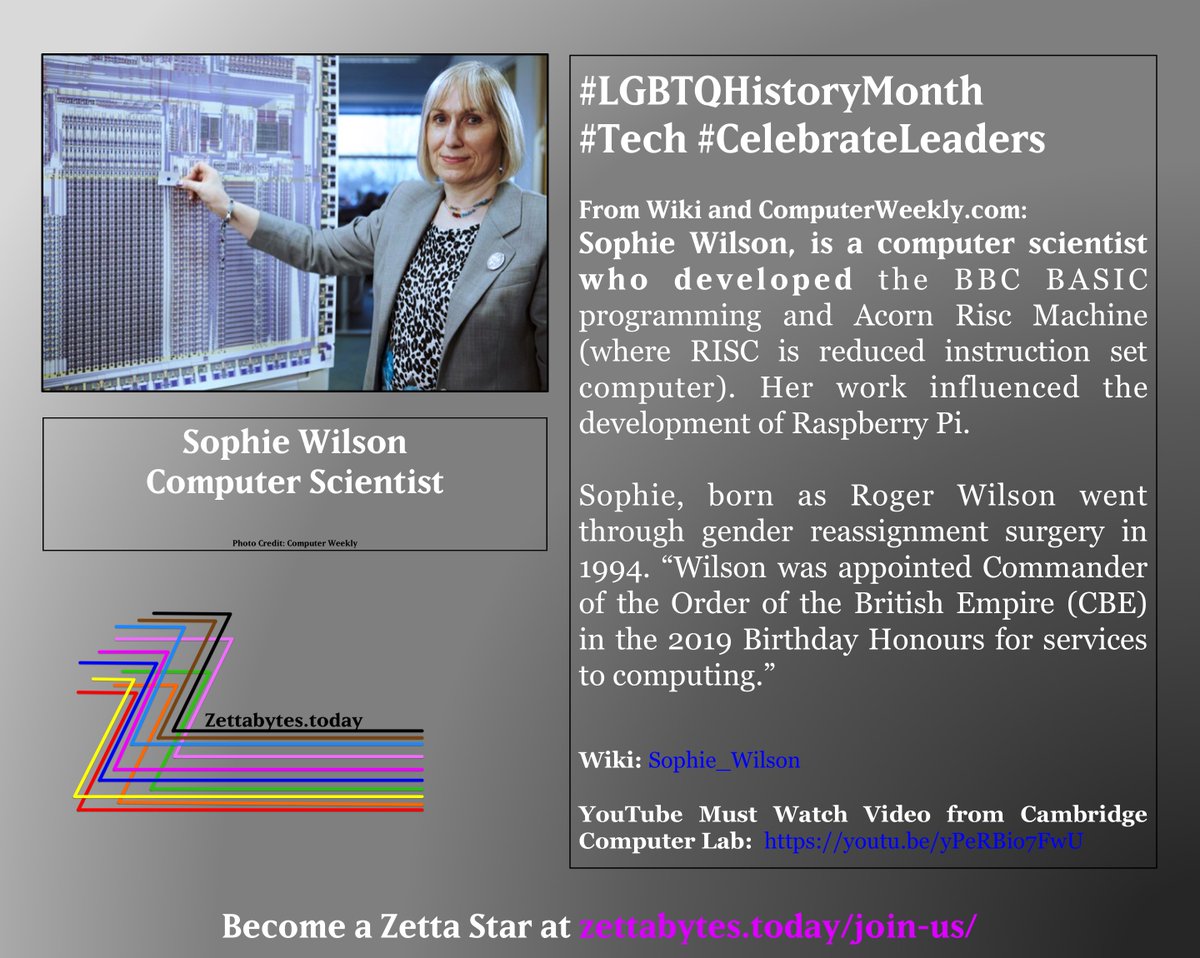 ZettabytesToday's tweet photo. We celebrate #Transhero @Broadcom's Sophie Wilson in our #LGBTQHistoryMonth series in #Tech
#TransTech #TransgenderInTech #WomenInTech #RasberryPi #BBCBasicProgamming #ARMProcessor #ComputerScience https://t.co/0wuksTeKBn