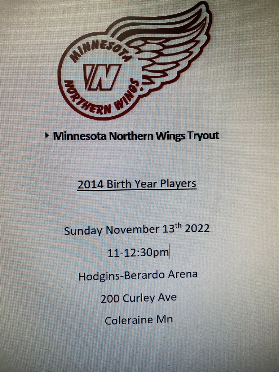 Loudog13's tweet photo. @YouthHockeyHub The 2014 @mn_wings will be holding tryouts on Nov 13th at the Snake-pit in Coleraine https://t.co/ACQSMp8lJp