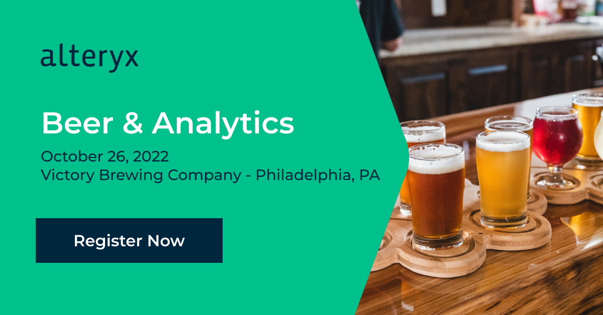 alteryx's tweet photo. Join us at our upcoming Beer & Analytics event in Philadelphia! Raise a glass to the end of clunky data and step into the world of #AnalyticsAutomation.
Save your suds:
https://t.co/x9ANKJb4y9
#AnalyticsForAll #BeerAndAnalytics https://t.co/4UJrXM8Ak9