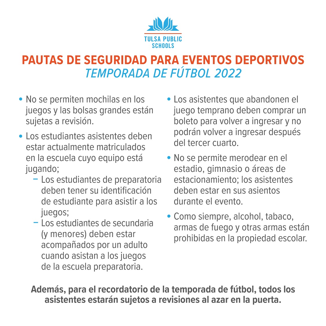 TulsaSchools's tweet image. ¡Estamos contentos de verte en el partido de hoy en la noche! Aquí hay algunas medidas de seguridad importantes para ir a los juegos de futbol de esta noche. Visite tulsaschools.org/safety para obtener más información.