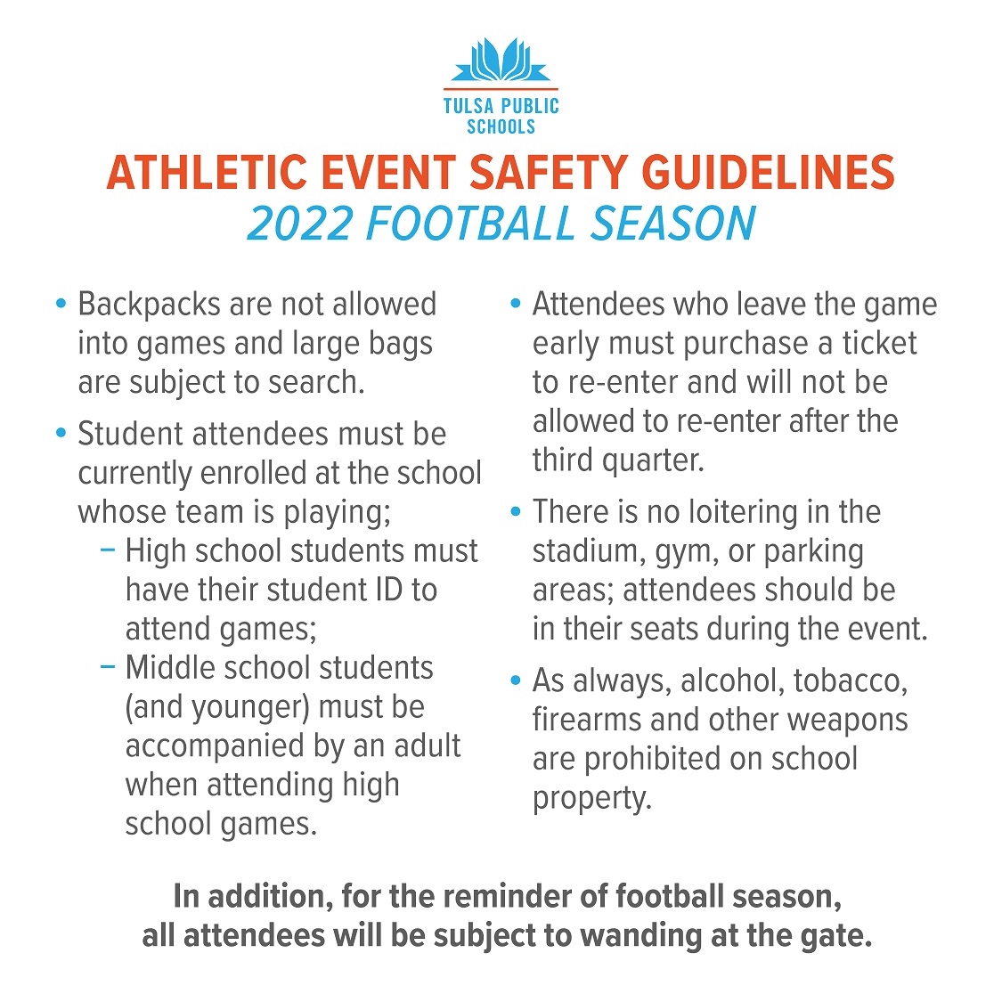 TulsaSchools's tweet image. We’re looking forward to seeing you under the Friday night lights! Here are a few important safety measures to remember if you’re heading out to your stadium for a football game tonight. Visit tulsaschools.org/safety for more information.