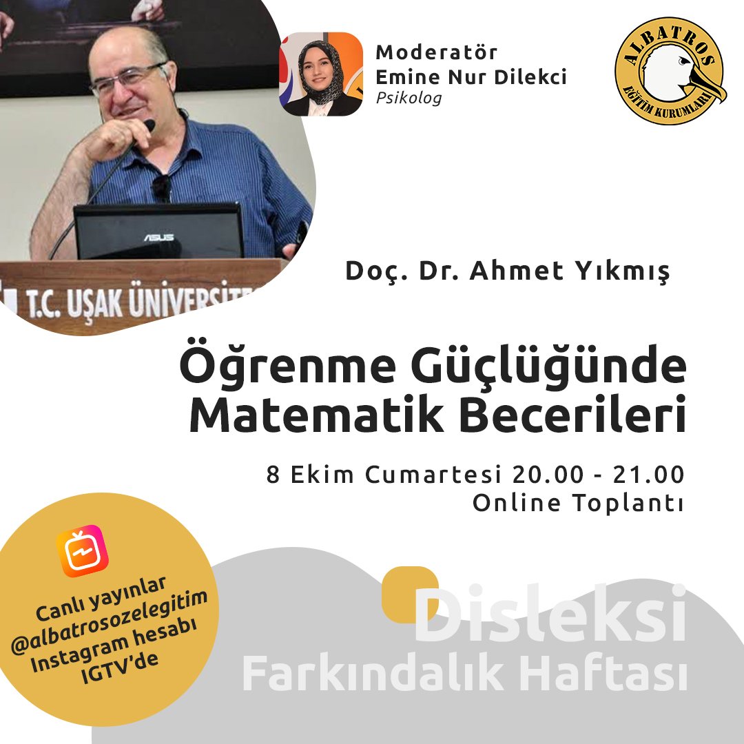 dislev2's tweet photo. Bu akşam disleksi haftası boyunca çok kıymetli akademisyenlerimizle disleksinin tüm alanlarıyla ilgili yaptıkları yayının son günü. Do��. Dr. Ahmet Yıkmış hocamızla yapılacak olan bu programı kaçırmayın sevgili ailelerimiz. Albatros Özel Eğitime teşekkür ediyoruz. https://t.co/8mHUAWa240
