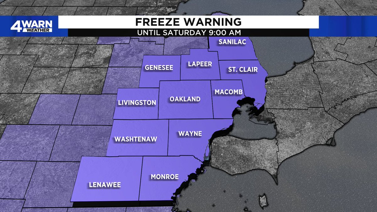 FREEZE WARNING: A Freeze Warning has been issued for portions of Southeastern Michigan. Tune in WDIV Local 4 News &amp; 4Warn Weather for the latest information. More Info: bit.ly/4WarnWeather?u… #MIWX #DetroitWX <a href="/Local4News/">Local 4 WDIV Detroit</a>
