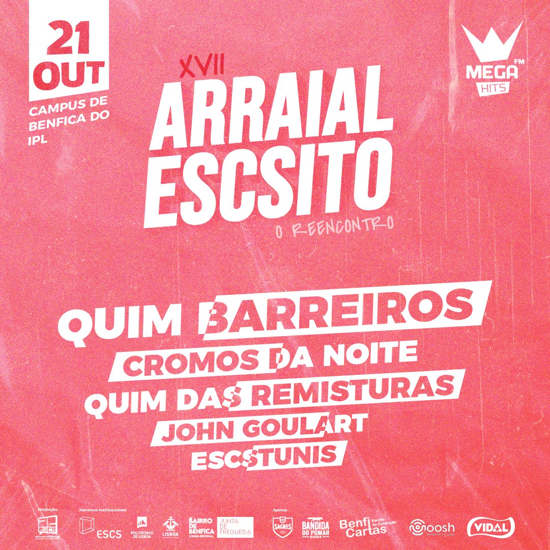 Apresentamos-te o cartaz completo da noite mais memorável do Campus de Benfica! 🥳
Temos o Reencontro marcado para dia 21 de outubro e não te esqueças, nessa noite todos os caminhos vão dar à ESCS!  🤩
A venda dos bilhetes começa em breve, fica atento! 👀 
#ARRAIALESCSITO #AEESCS