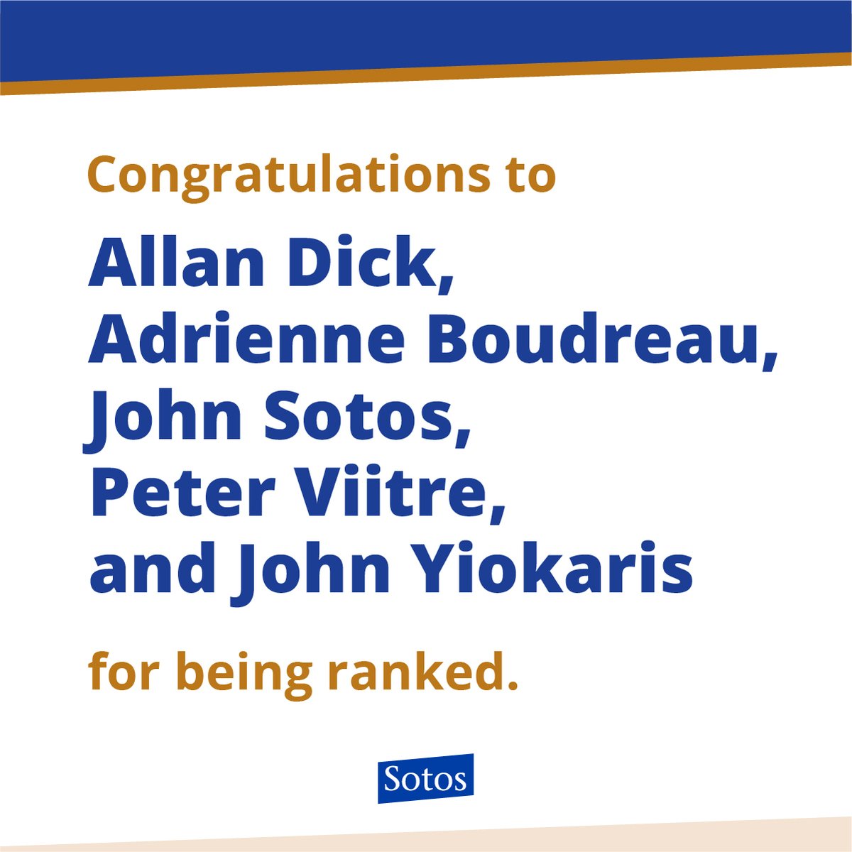 sotosllp's tweet photo. Congratulations to @A_Boudreau_Law, Allan Dick, John Sotos, Peter Viitre, and @JohnYiokaris for being ranked by @ChambersGuides.

#franchiselawyer #franchiselaw #franchiseexperts #franchising #franchise #Canada #chamberscanada #band1 https://t.co/guhf0MD2Fg