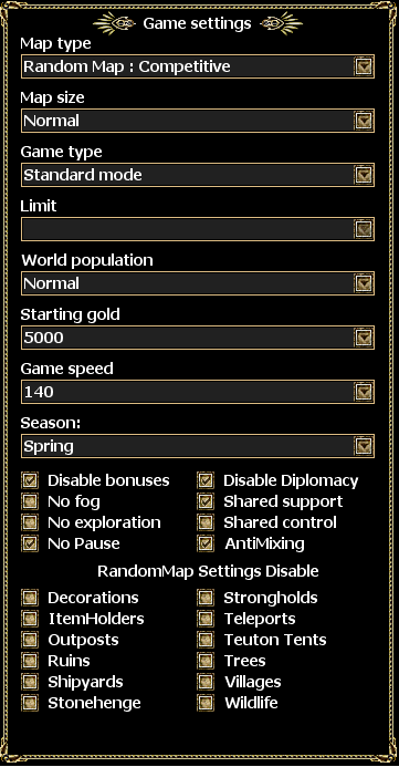 Nuevas opciones disponibles en la versión 1.2 😜, se incluye el mapa aleatorio *COMPETITIVO* con el sistema nuevo de anti mezcla.
También se instaura en las partidas personalizadas la opción de configurar Objetos, Ruinas, Puertos, Altar, Cuevas, Campamentos, Ruinas ... 💪💯