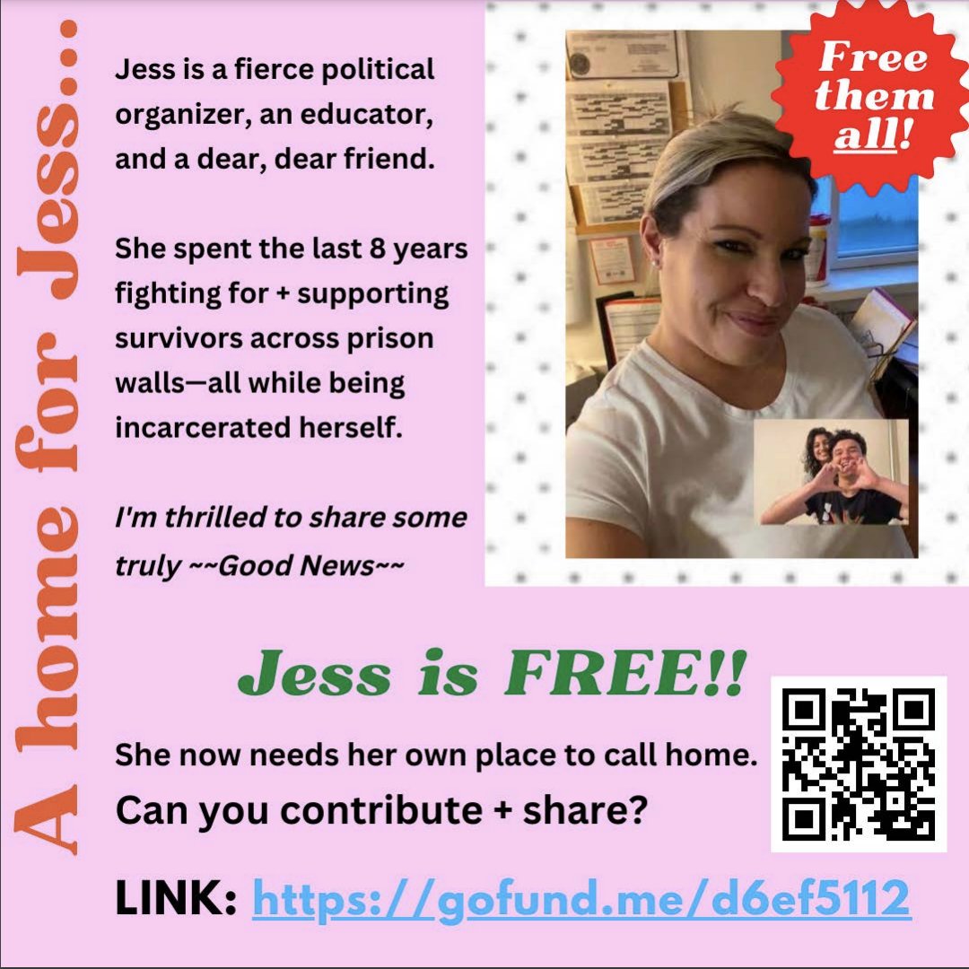 Our dear friend, comrade, and member Jess Paradiso is now home from prison &amp; is trying to raise funds for housing. Help us give a warm welcome home to a beloved organizer &amp; advocate: gofund.me/d6ef5112