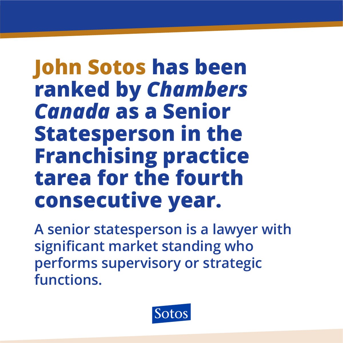 sotosllp's tweet photo. Congratulations to John Sotos for being ranked as a Senior Statesperson by @ChambersGuides. 

#franchiselaw #franchiselawyers #franchise #franchising #chamberscanada #franchiseexperts https://t.co/MUrqEz5lLe