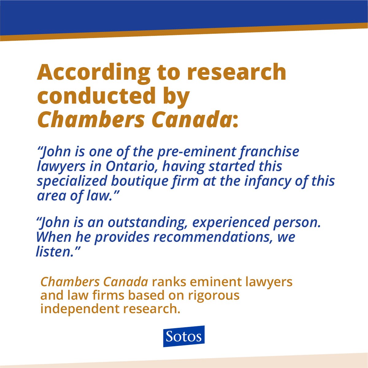 sotosllp's tweet photo. Congratulations to John Sotos for being ranked as a Senior Statesperson by @ChambersGuides. 

#franchiselaw #franchiselawyers #franchise #franchising #chamberscanada #franchiseexperts https://t.co/MUrqEz5lLe