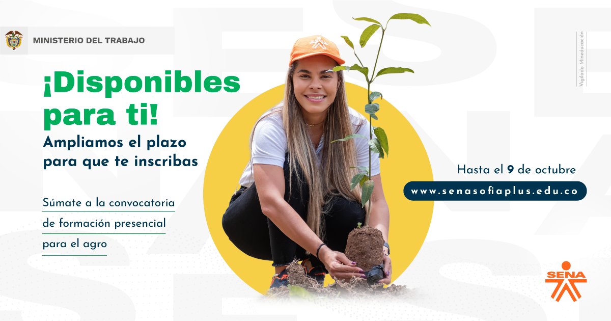 SENAComunica's tweet photo. 💚🧑‍🌾¡Aún puedes inscribirte a nuestra convocatoria de formación presencial para el agro! ✍️Ampliamos el plazo, así que aprovecha esta oportunidad de estudiar y formar tu proyecto de vida en este sector. Inscríbete hasta el 9 de octubre👉https://t.co/GoDzdn6ifw #EstudiaEnElSENA https://t.co/SoE7WMzu7y