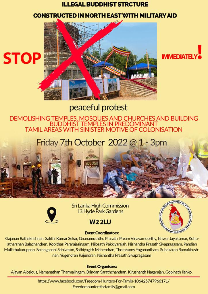 hunters_for's tweet photo. The Freedom Hunters For Tamils have organised a protest in front Sri Lankan High Commission on 07.10.2022 in order to draw the attention to the international community to take the action to stop this cultural genocide. https://t.co/0lHsUYirma