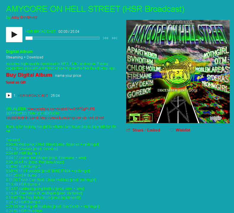 AMYBESTEVEZ's tweet photo. happy bandcamp friday! if you wanna help me out i am offering the "HSR Broadcast" version of my debut mixtape. :)

25 minutes of experimental hip hop with dj drops from Yrohmgirl 🙏 keep it in the lab

link below https://t.co/RAEpXrL0l8