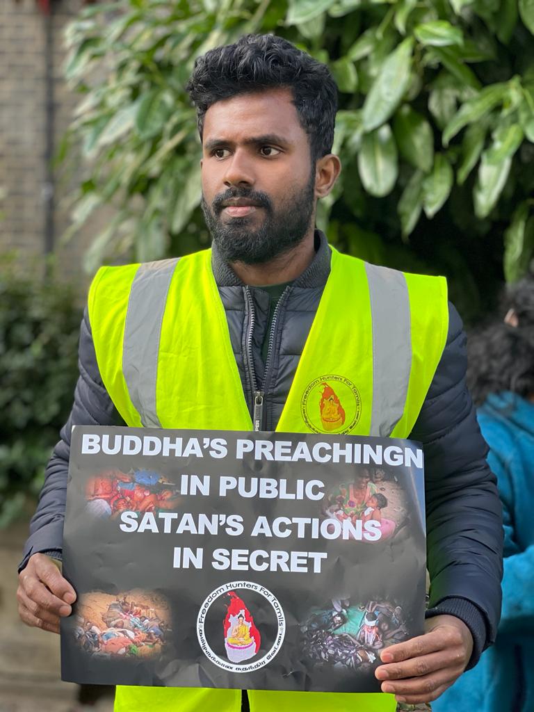 hunters_for's tweet photo. The Freedom Hunters For Tamils have organised a protest in front Sri Lankan High Commission on 07.10.2022 in order to draw the attention to the international community to take the action to stop this cultural genocide. https://t.co/0lHsUYirma