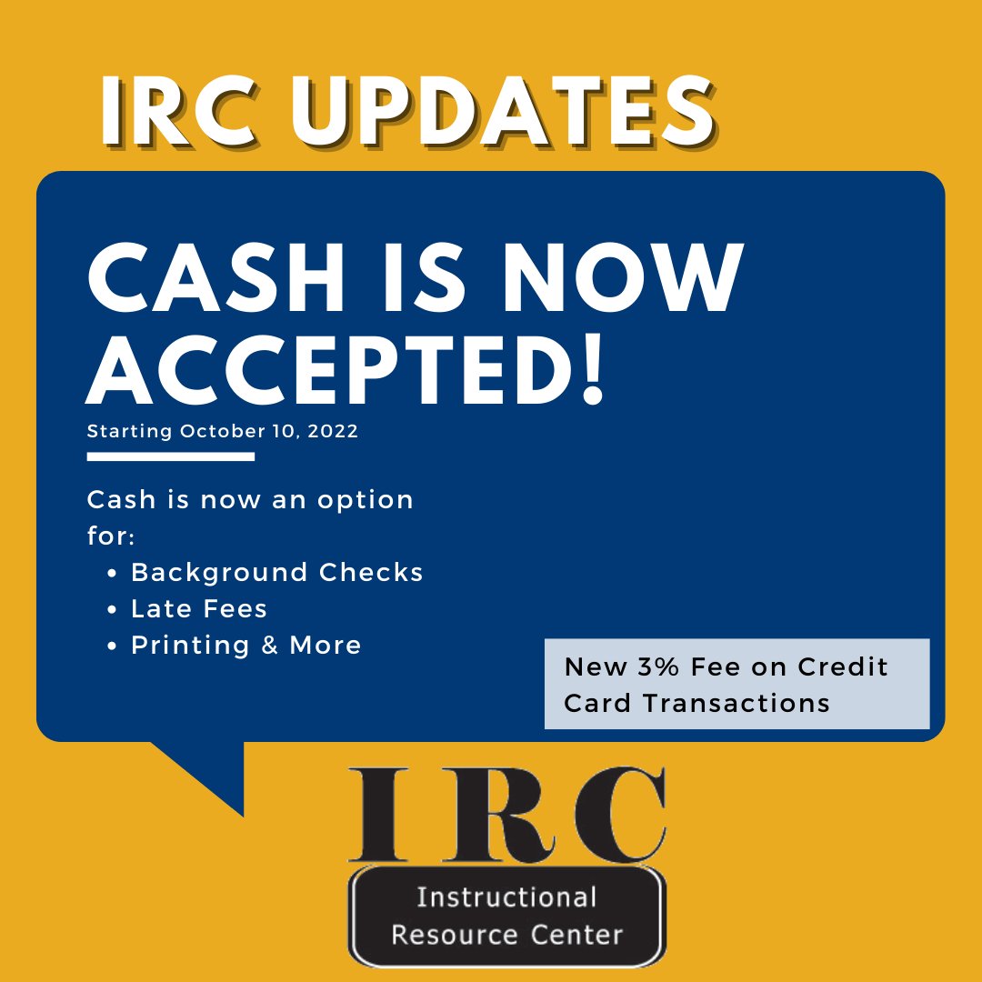 Starting Monday October 10, the IRC will be accepting cash as a form of payment. Because of this option, all credit card transactions will have a 3% fee applied to them. 

Thank you for your patronage and we hope to see you soon! 

#ircehhs #irc #kentstateirc #kentstate