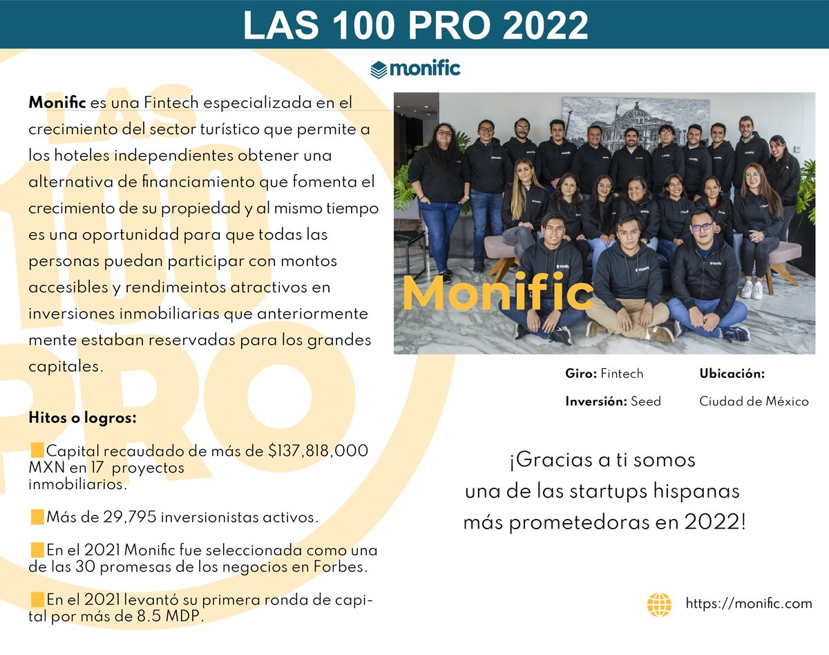MonificMX's tweet photo. De parte de todo el equipo de Monific queremos agradecerle a Las 100 PRO 2022 por la oportunidad de demostrar el potencial de nuestra empresa 🏢 y trabajo. 💼

Gracias por reconocernos.🙏🏻

#las100pro #monific #reconocimiento https://t.co/R7qezBMZJP