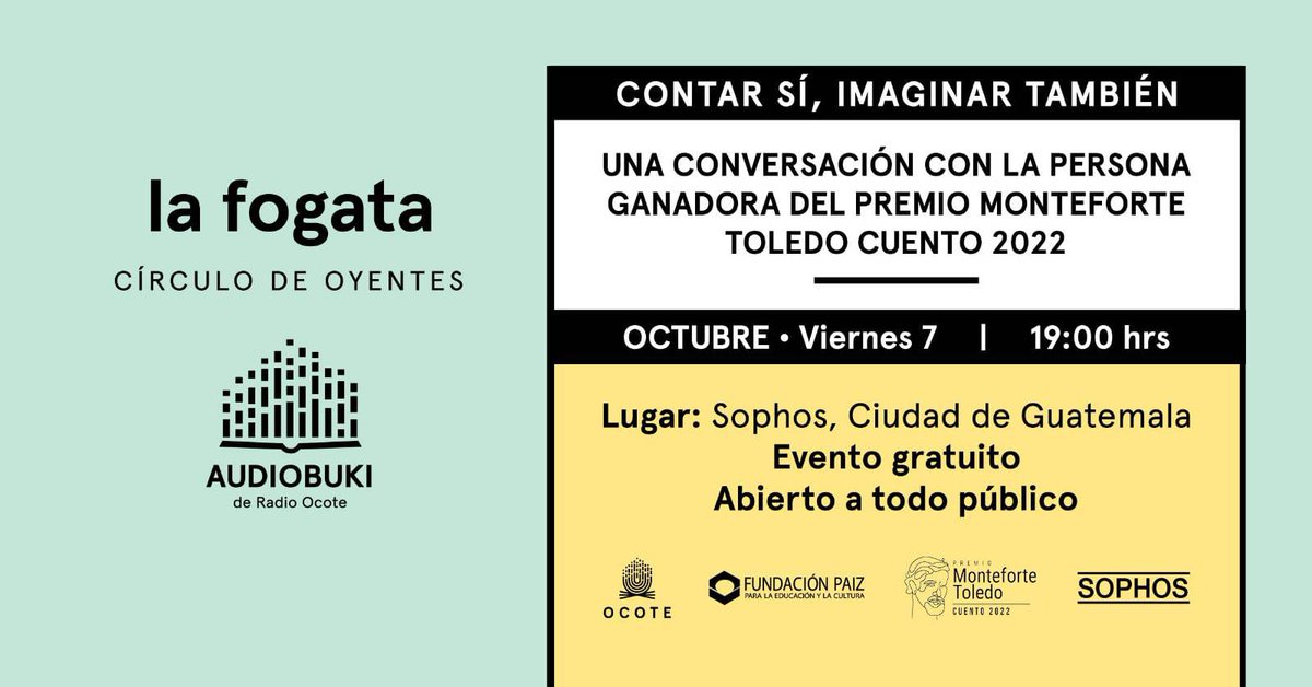 fundacion_paiz's tweet photo. ✒️@julioserrano de @AgenciaOcote conversará hoy con @michellestef87, ganadora del Premio Monteforte Toledo Cuento 2022 en una charla donde conoceremos su recorrido, su estilo y las fuentes de creatividad detrás de su obra.

📍Hoy a las 19:00 horas en @sophosenlinea #PMT2022 https://t.co/ONvoACMLXC
