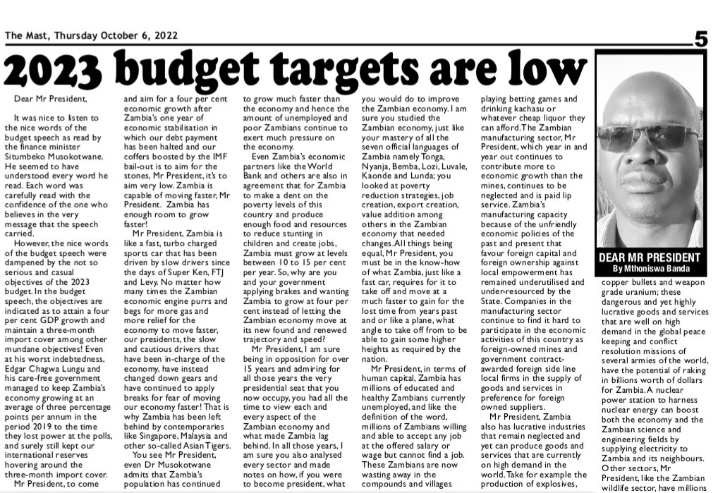mthoniswa's tweet photo. In #TheMast I inform @HHichilema that the #Zambia #Budget2023 targets are too low for a country grappling with massive #UnemploymentRate and a an #economy not even saturated.
#UPND has been #government-in-waiting for 15 years we can do better.
#ZambiaRising #ZambiaKuChalo https://t.co/kVSR3zMNfD