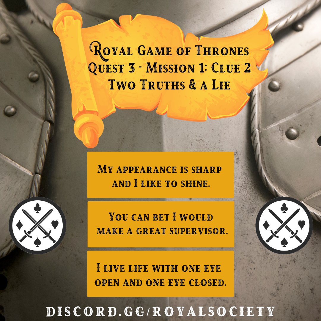 RoyalSocietyOP's tweet photo. Clue Two of Royal Game of Thrones Quest Three is now live! Reminder for this quest we are playing "Two Truths and a Lie"!
Submit your answer in the #RGOT channel in discord: https://t.co/mNNx5qvSwP
Play Games, Earn #Royal!
#StayRoyal #NFTs #NFTGaming #NFTGames #RSOP https://t.co/Uyef59ln0P