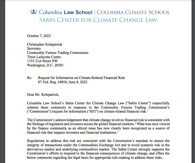 SabinCenter's tweet photo. 📝We submitted comments on the Commodity Futures Trading Commission’s Request for Information on Climate-Related Financial Risk.
Read them here: https://t.co/Kgg2nzsiHa #climaterisk #climatefinance #climatelaw #commentletter https://t.co/8wRmIGmxy3
