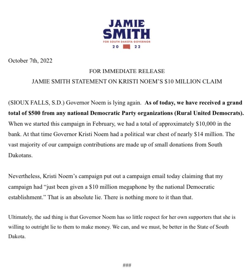 JamieSmith_SD's tweet photo. Our grassroots campaign started with $10,000. Kristi Noem's campaign started with $14 million.

Today, she released an email claiming that we were given a gift of $10 million from national groups. We weren’t.

She's willing to lie to her own supporters in order to make money. https://t.co/HH39454ZWG