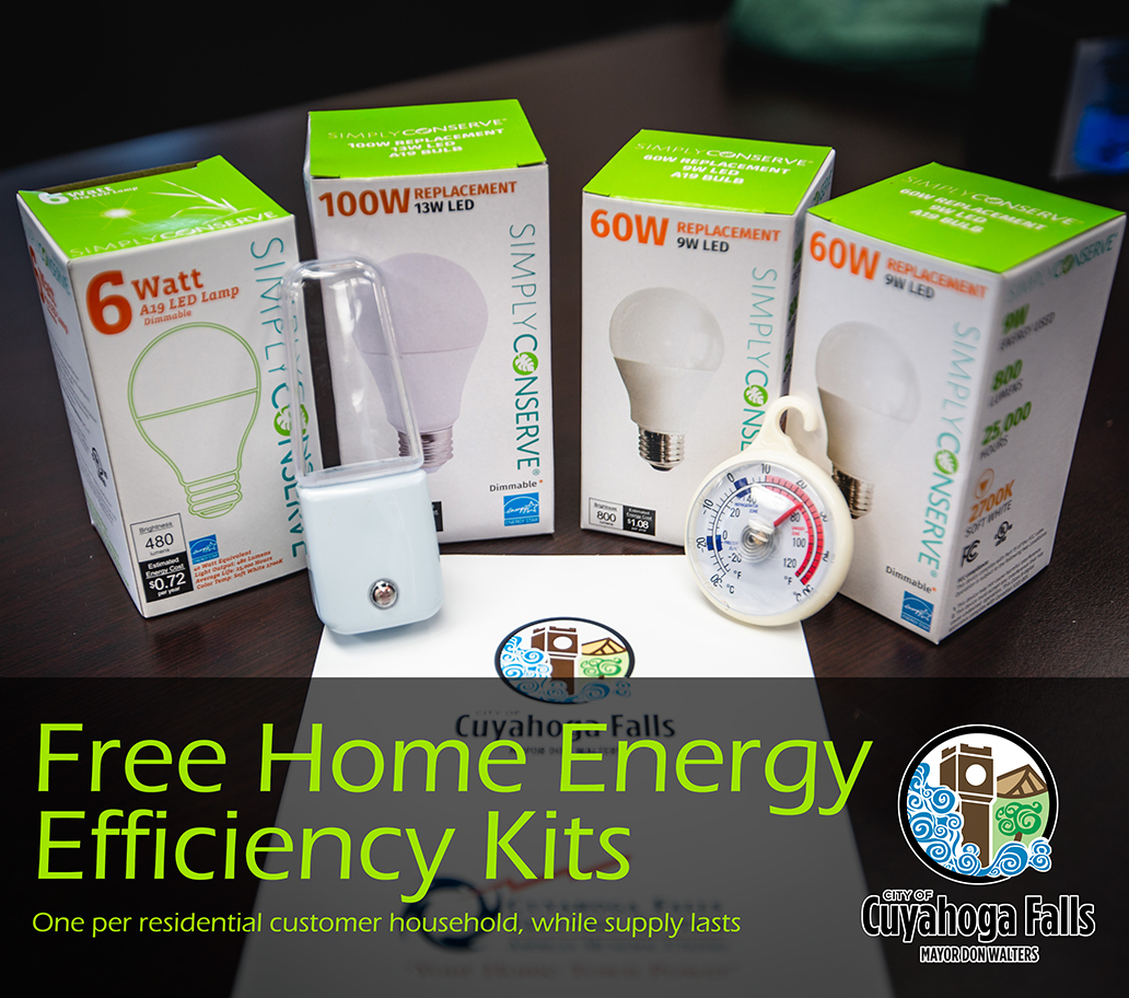 Beginning Monday, Oct 10, free Home Energy Efficiency Kits will be available for residential customers of the Cuyahoga Falls Electric System. Energy Efficiency Kits may be picked up at the Utility Billing Office here at City Hall. One kit per household while supplies last.