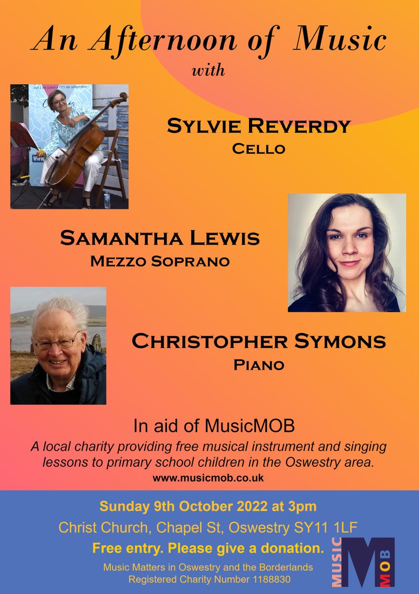 MusicMOB1's tweet photo. Come along to a free concert this Sunday afternoon in #Oswestry - given free by 3 fabulous local professional musicians in aid if Music MOB.
#Music4All #MusicEducation #Shropshire https://t.co/cK8KZd9ojR