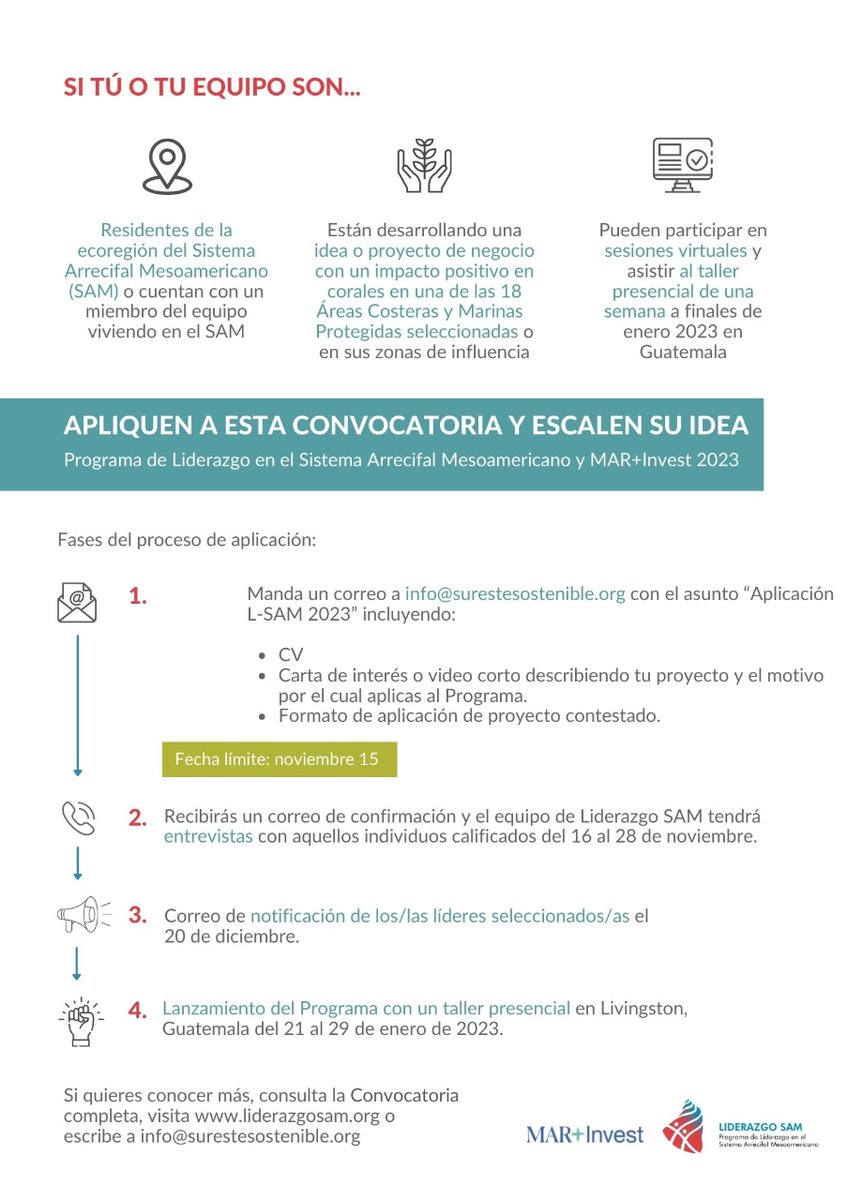 NewVenturesMX's tweet photo. ¿Tienes una idea o proyecto de negocio en el Sistema Arrecifal Mesoamericano con potencial de impactar positivamente al ecosistema? ¡Aplica al Programa de Liderazgo SAM 2023!

👉🏽Convocatoria: https://t.co/gmMT7sYqXp 
👉🏽Fecha límite para aplicar: 15 de noviembre de 2022. https://t.co/VMouewvRHl