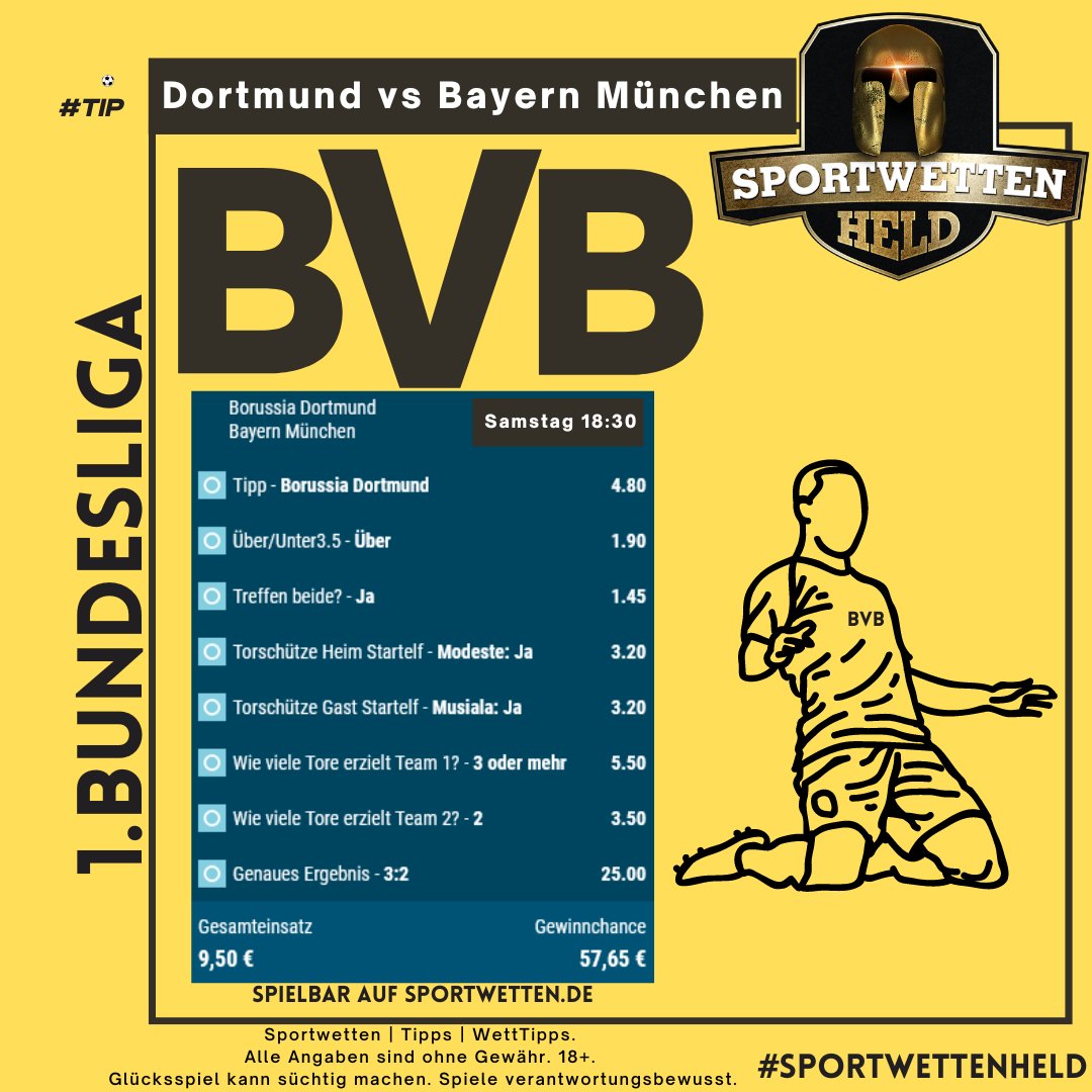SportwettenHeld's tweet photo. Das Topspiel aus der Bundesliga heiΓt:
#BVB vs #FCBayern
#SportwettenHeld #WettTipps #Bettingtips #GamblingTwitter #Tipico_DE #FuΓball #bet365DE #tipico #bet365 #AdmiralBet #Bundesliga_DE #kicker_BL #Fanabteilung #BILD_bvb #kicker_BVB #betathomecom #MrGreenWetten #bet https://t.co/9IzrhNf36g