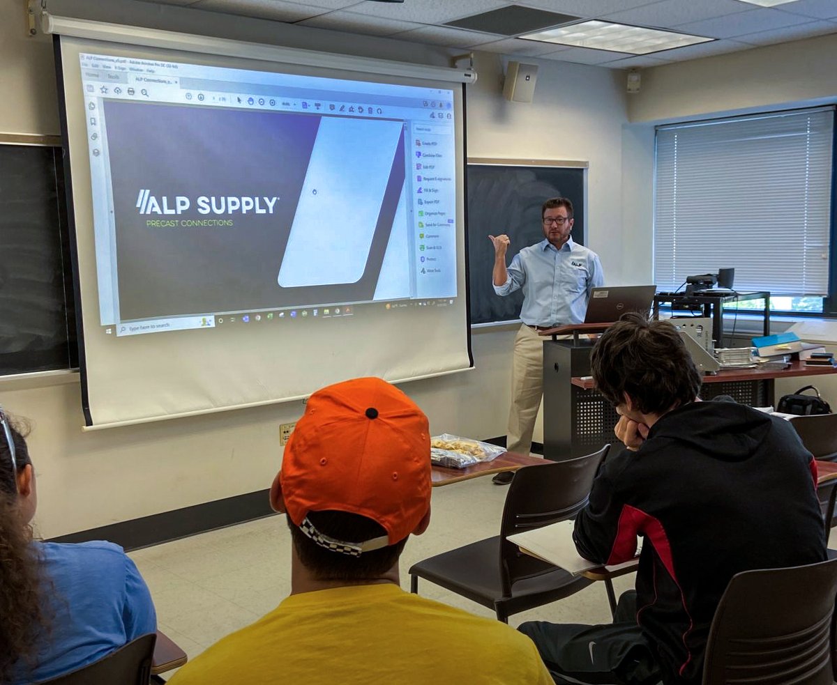 alpsupply's tweet photo. Exec. VP, Dave Jablonsky gave a lecture on Precast Connections at @UDelaware. The presentation began w/ the @PCIprecast Design Handbook &amp; concluded w/ the development of innovative products that meet or exceed those standards. Thanks @PCIMidAtlantic &amp; UDE for the opportunity! https://t.co/1uzhSGUskd