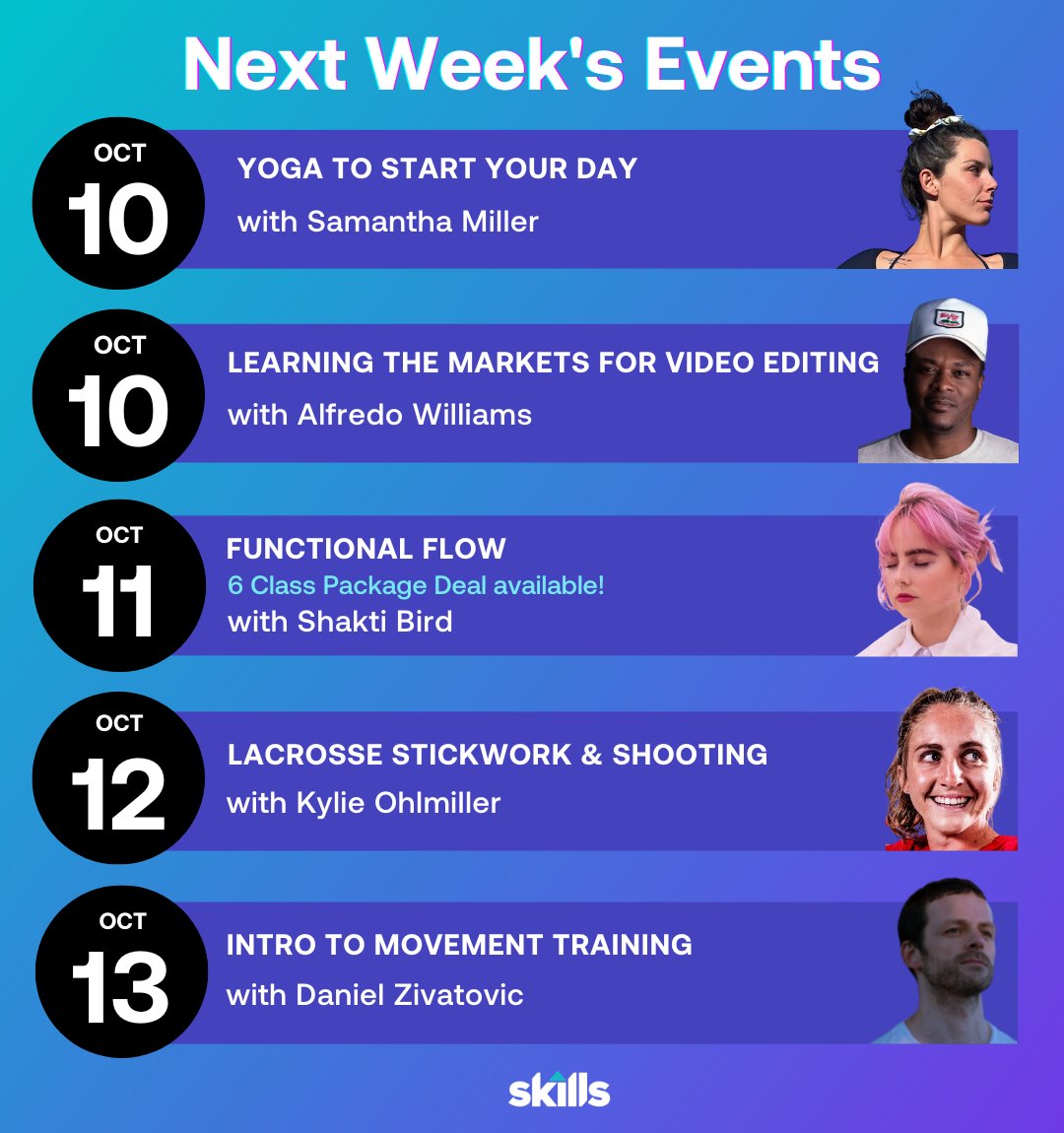 theskills's tweet photo. Check out next week's events! 👀 

See full list of events here: https://t.co/Vb7beZsi0f https://t.co/2OC3zVF4LW