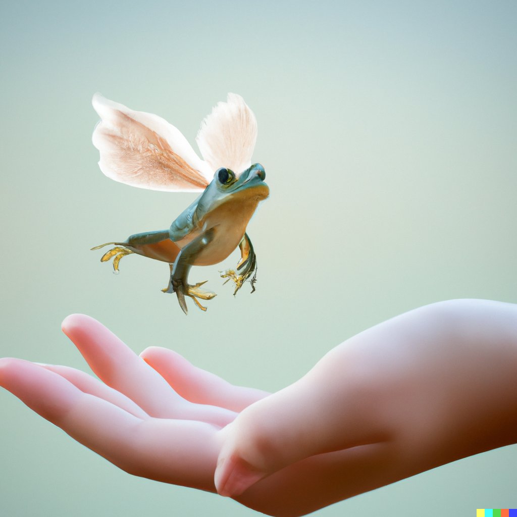 AIDreamer1's tweet photo. a frog with wings floating above a woman's hand #dalle2 #aiart #generativeart #aidreams https://t.co/dOivYVLN4U