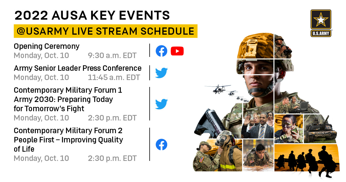 USArmy's tweet photo. Top Army senior leaders will speak at the annual, #AUSA2022 conference starting this Monday.

Here are some of the major scheduled events.  Be sure to tune in! 

🧵 https://t.co/V5lK7e5HMd