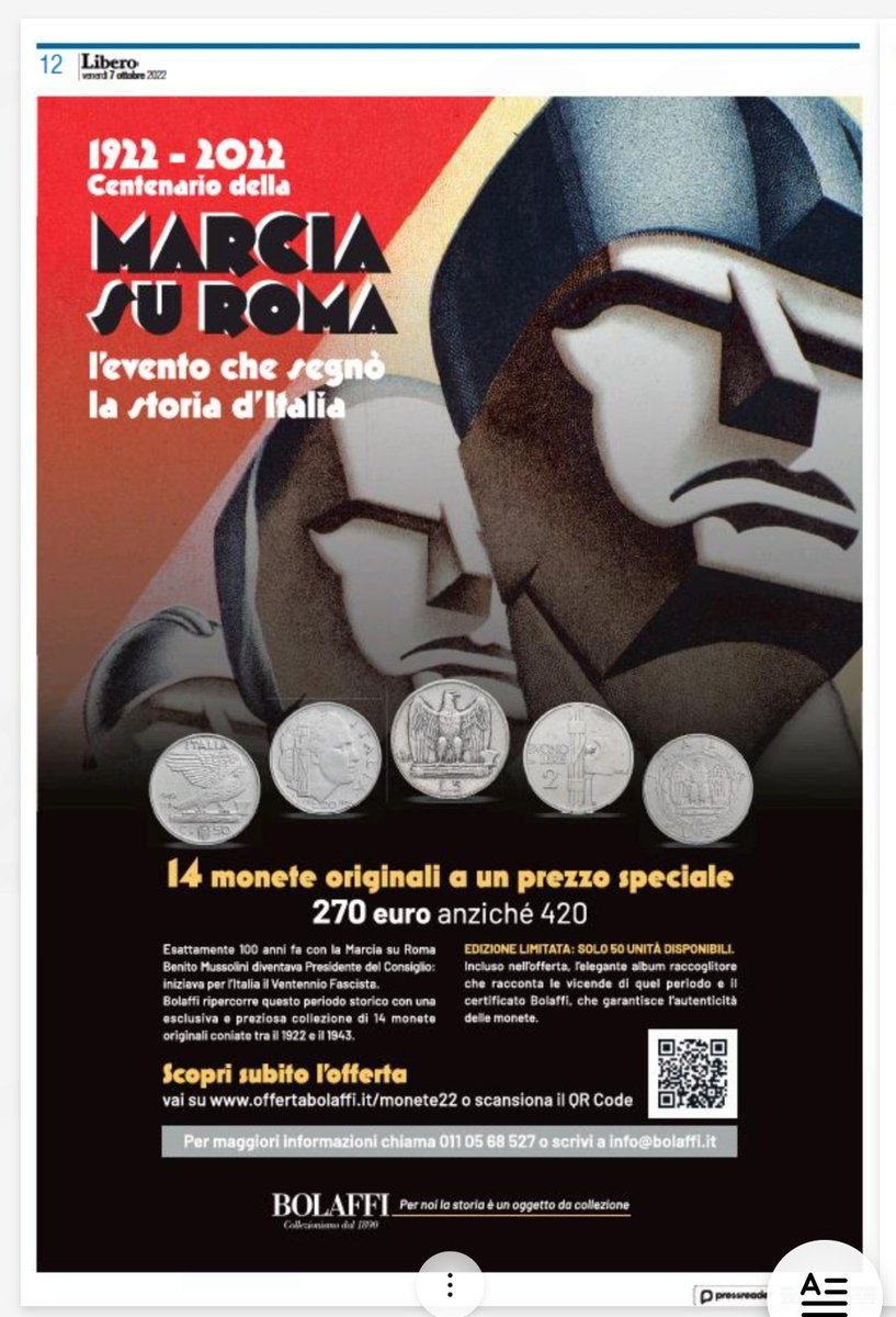 Link4Universe's tweet photo. No, non è una parodia. Per davvero fanno le monete commemorative promosse così, trionfalmente, per "celebrare" l'anniversario, su Libero.
#monetefasciste... complimenti  Bolaffi e Libero.
Quando, esattamente, diventa apologia di fascismo? Cosa devono fare di più? https://t.co/bQUyaLuhR5