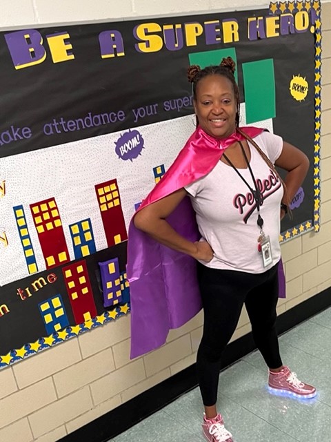 BrooksideBruins's tweet photo. Brookside's very own Super Hero "Attendance Girl" also known as Mrs. Saunders, recognizes Brookside's Attendance H.E.R.O.s (Here Every day Ready &amp; On time). Congrats on making perfect attendance for the first 30 days of school. #ChristinaStrong https://t.co/tUhRShbnOO