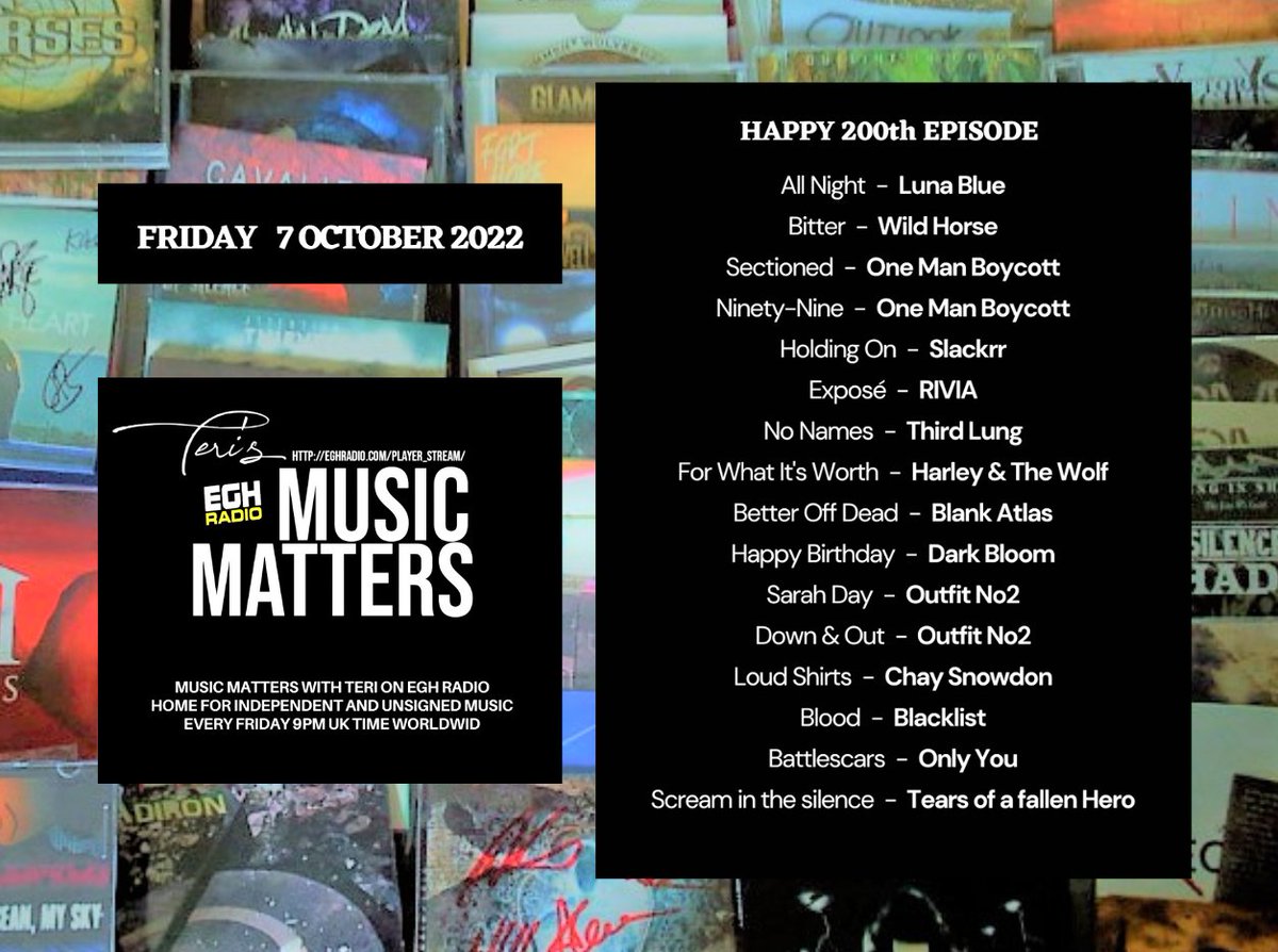 MusicMatters_T's tweet photo. #TuneIn @EGHRadio now!
#ListenHere⇨https://t.co/oUmVSitcba
#NowPlaying on #MusicMatters #Happy200th
@BlankAtlasBand
#DarkBloom
#OutfitNo2
@chaysnowdon
@Blacklistukband
#OnlyYou
#TearsOfAFallenHero
#NewMusicAlert #PlayItLoud #BestIndie #MusicFriday https://t.co/vUUbLOTMI4