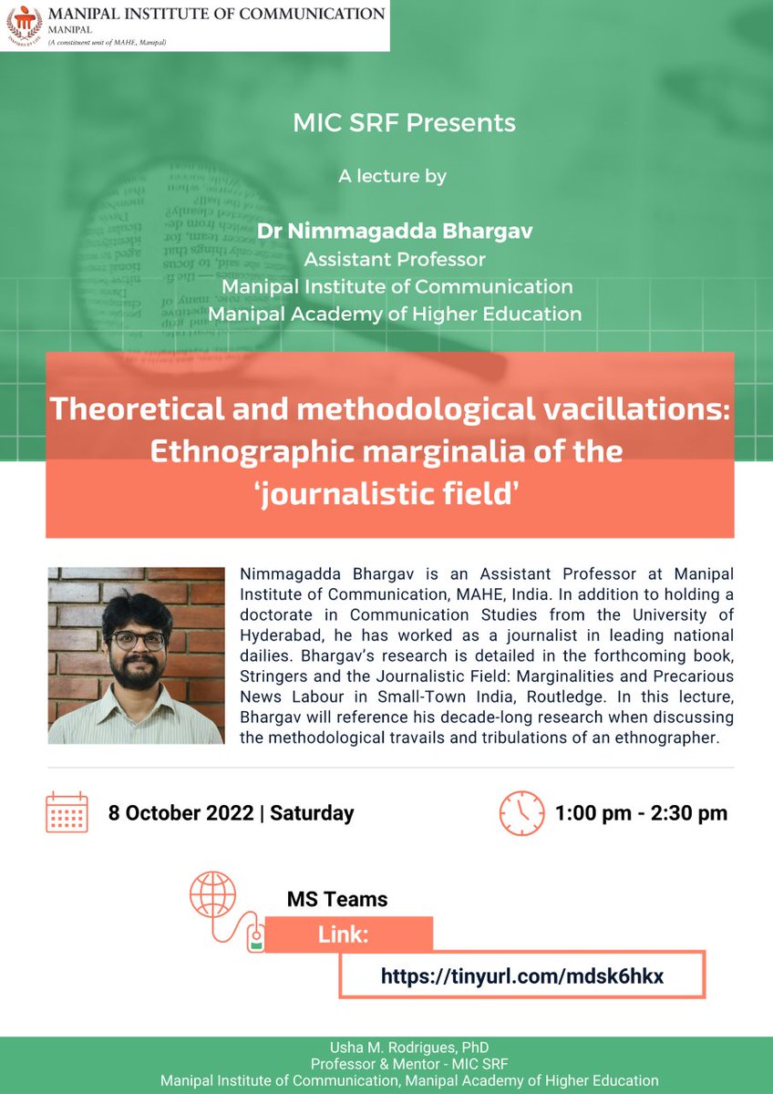 Delivering a lecture at @micmanipal @MAHE_Manipal based on my #EthnographicResearch on #Stringers in the #SmallTowns of #AndhraPradesh and #Telangana 
MSTeams link: bit.ly/3V4kBUB
#Bourdieu #JournalisticField #Masculinities #Ethnography #Newslabour #Precarity