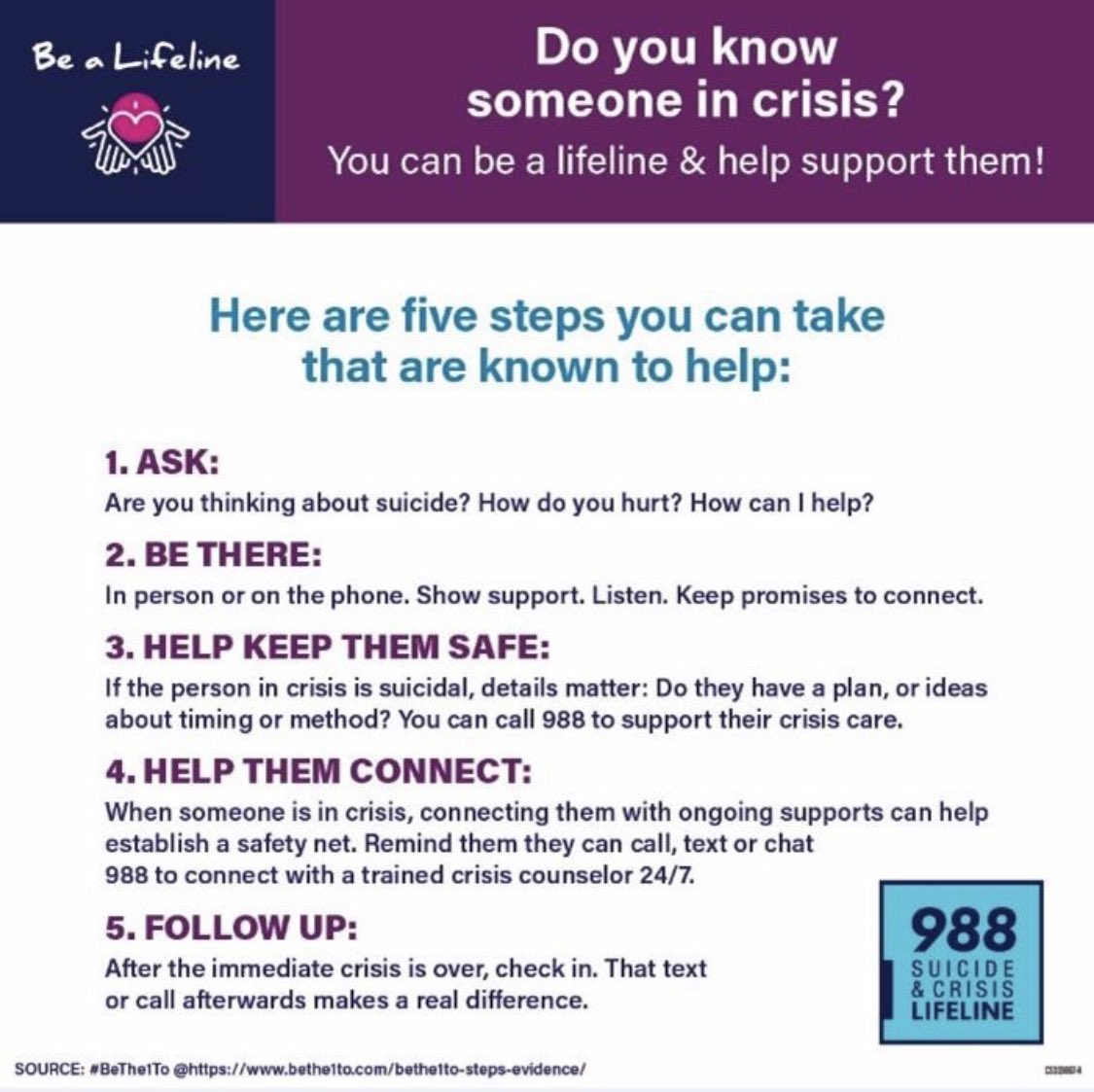 You're never alone! The 988 Lifeline is here for anyone 24/7/365. Call or text 988. 💚