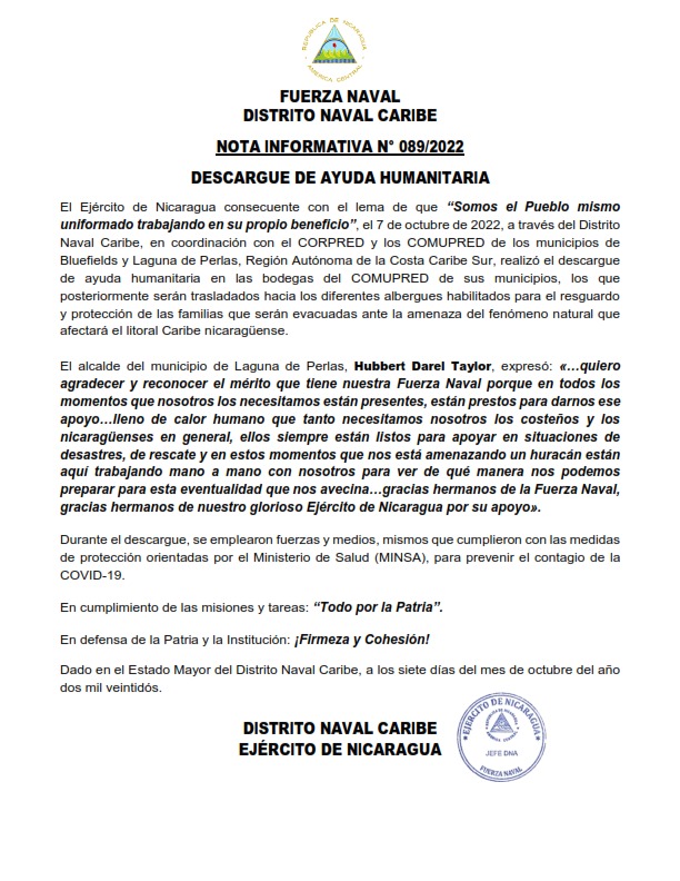 EjercitoNic's tweet photo. #NOTAINFORMATIVA | A través del #DistritoNavalCaribe, se realizó el descargue de ayuda humanitaria en las bodegas del COMUPRED de #Bluefields y #LagunaDePerlas, para las familias que serán evacuadas ante la amenaza del fenómeno natural que afectará el #Caribe nicaragüense. https://t.co/f1AUKKM7S4