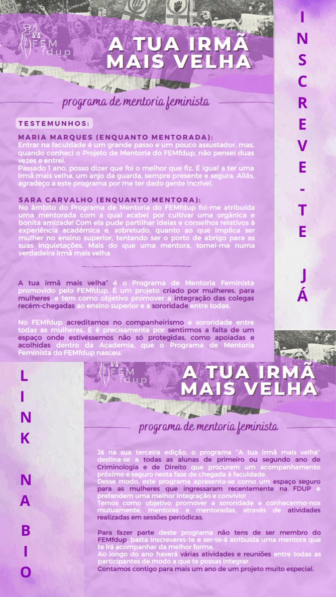 Junta-te a nós💜
Link para a inscrição: linktr.ee/femfdup2223